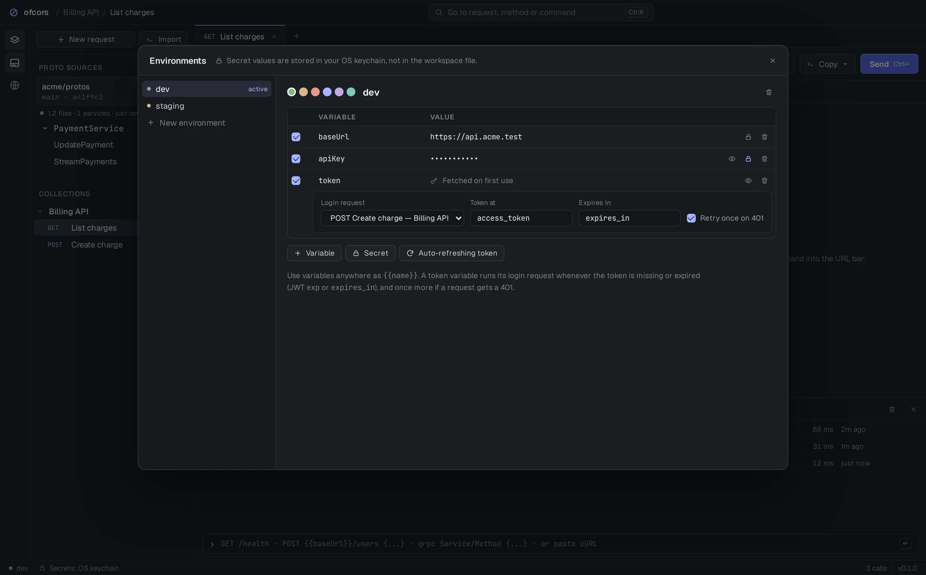 Environment editor with an auto-refreshing token variable tied to a login request.